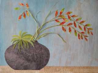mixed media art fabric fiber paper vase flower plant